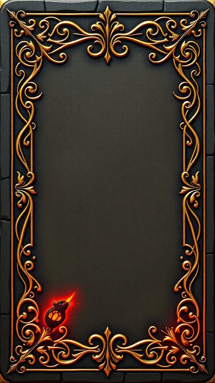 dark "Whimsical, fantasy-themed card border, intricate stone and gold filigree with tiny rat paw prints hidden in the design, playful medieval style, glowing runes, ornate yet readable, decorative corners, vibrant fantasy color palette."