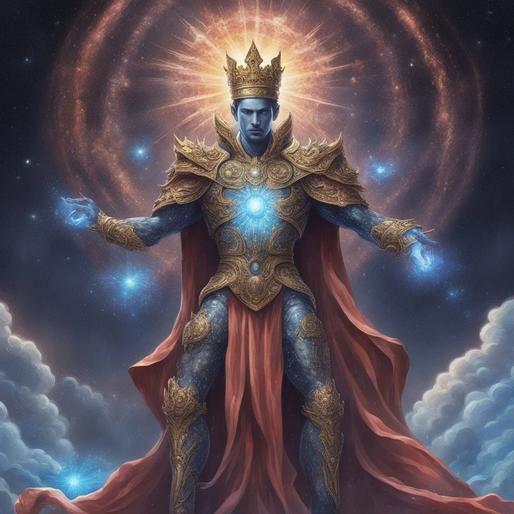 A divine being made from the combination of water and sun with cosmic powers and Dracula God-like man with infinite power who owns the galaxies and wears a beautiful crown A battle suit made of galaxies and stars with a glove that has seven endless stones with a mighty army behind him