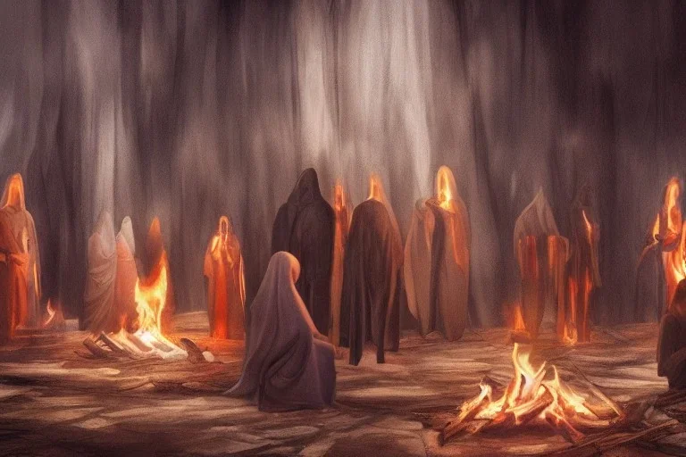 Council of cloaked people gatherd around a fire inside a temple, Dark atmosphere