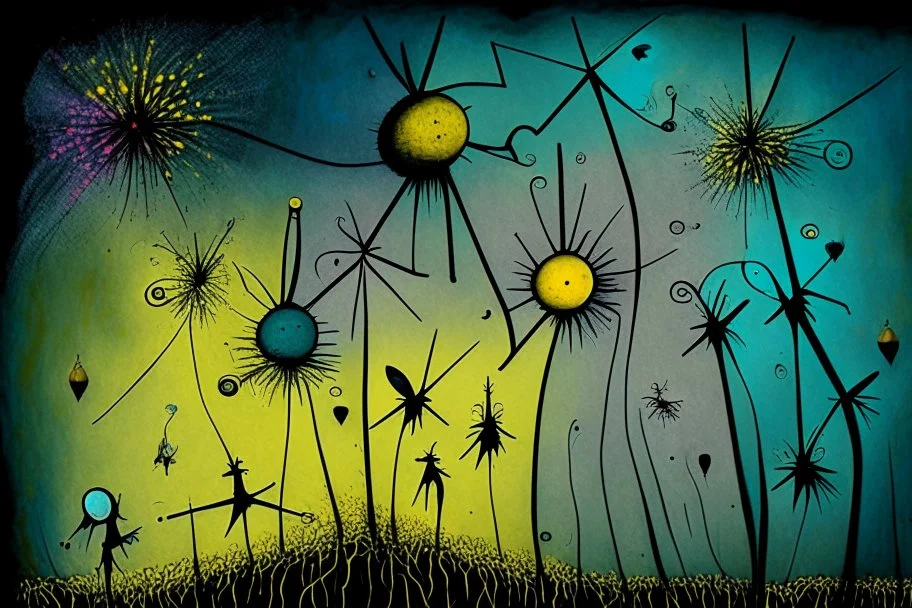 Winged fairies in a Million Dandelion dreamscape, making wishes , Salvador Dali collaboration Paul Klee and Tim Burton, Picasso's integrated flowing composition, colorized brooding grayscale balanced by many bright colorful details