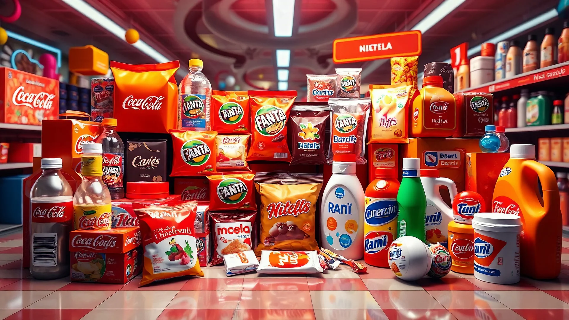 A 3D design of supermarket items such as Coca-Cola, Fanta, mineral water, chocolate, packaged cakes, chips, puffs, Nutella, Rani, candy, shampoo, detergent, soda, and ice cream with an orange, red, and white color theme in a special psychedelic space.