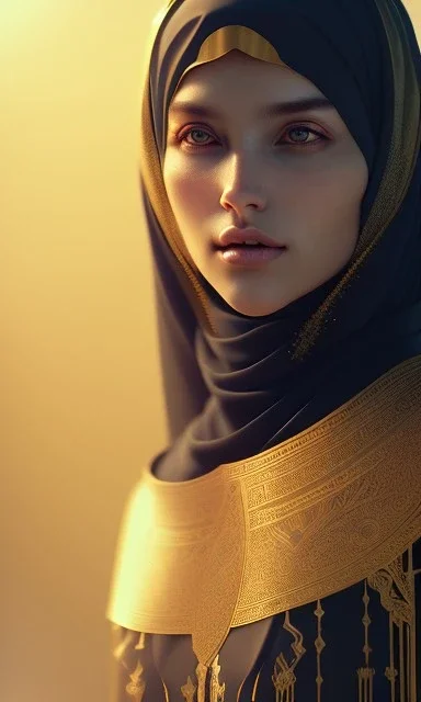 Arabic poet , cute, beautiful, long hair, wavy hair, black eyes,She wears an Arab abaya، head and shoulders portrait, cinematic, 8k, resolution concept art portrait by Greg Rutkowski, Artgerm, WLOP, Alphonse Mucha dynamic lighting hyperdetailed intricately detailed