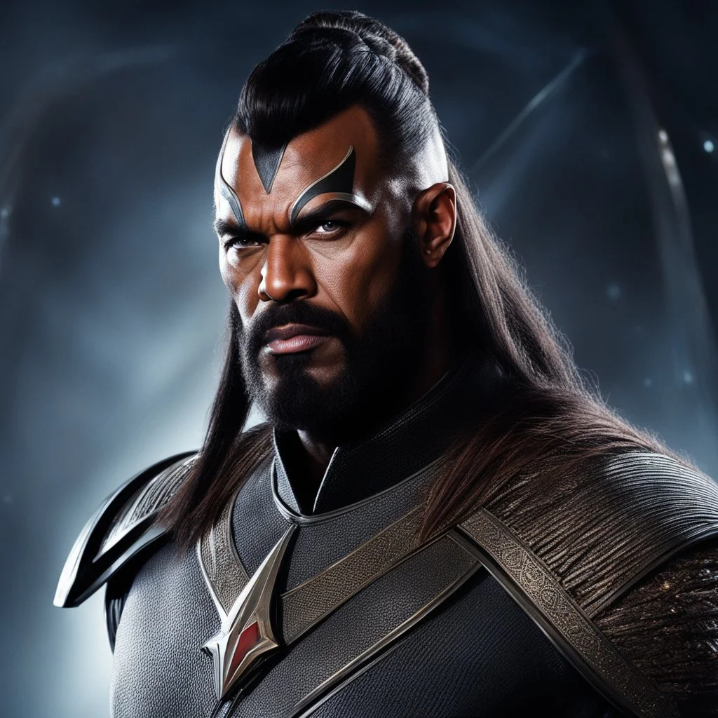 [Star Trek] Generate an awe-inspiring image of a fearsome Klingon warrior, with their imposing cranial ridges, intense gaze, and intricate braided hairstyle, ready to conquer the galaxy.