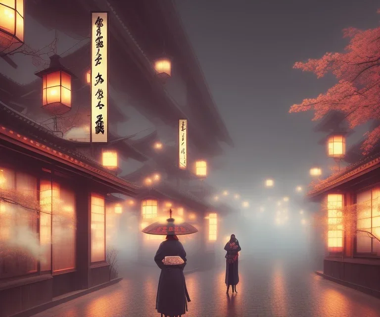 misty foggy area with a geisha in the middle of a bright japanese city at night