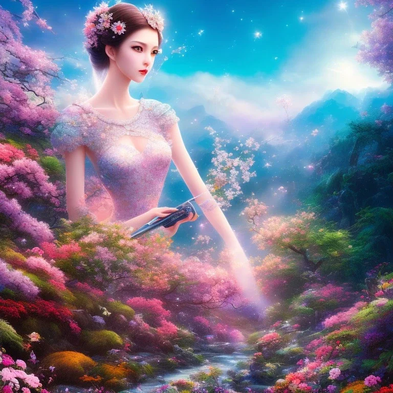 bright japanese fairy, beautiful portrait, flowery landscape