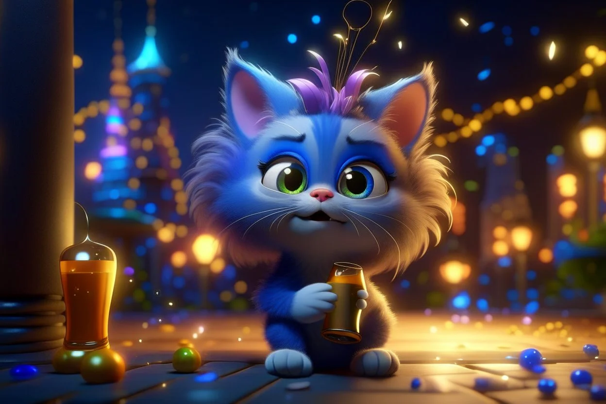 cute fluffy pixar chibi cat, new years eve scene, champagne, twisted serpentine, fireworks Weight:1 detailed matte painting, deep color, fantastical, intricate detail, splash screen, complementary colors, fantasy concept art, 8k resolution trending on Artstation Unreal Engine 5 Weight:0.9