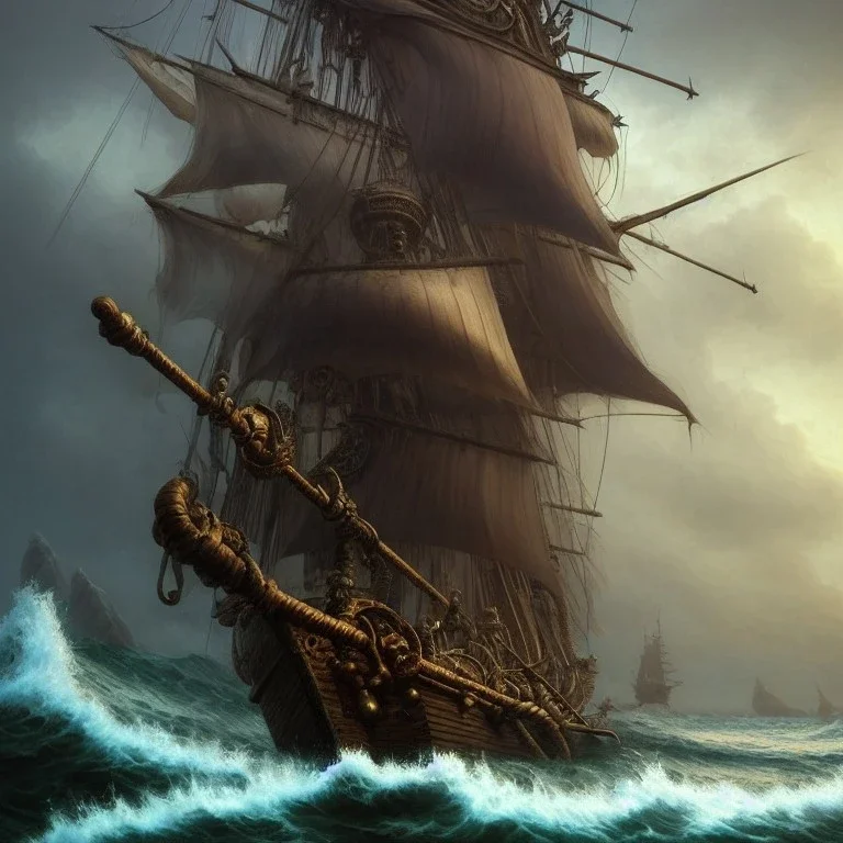 a pirate warrior on his ship, a highly detailed illustration, background of giant crashing ocean waves, realistic render, 8 k, micro detail, intricate, elegant, centered, digital painting, Artstation, smooth, sharp focus, illustration, artgerm, tomasz alen kopera, peter mohrbacher, donato giancola, joseph christian leyendecker, wlop, boris vallejo