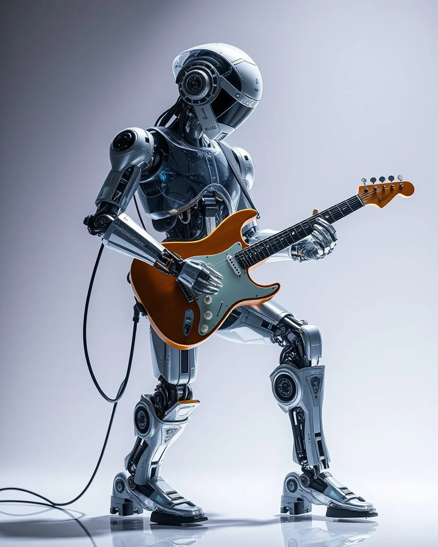 full body all to feet rendering robotic playing electric guitar, he having chasing clear surfaces it from transparency super clear glass explore inside machine components, advance design futuristic sci fi picture,find details,Sony Alpha 7 50mm 1.8,medium shot, high-resolution image with fine details,ultra detailed,ultra realistic,extremely realistic,intricate,photorealistic,epic composition