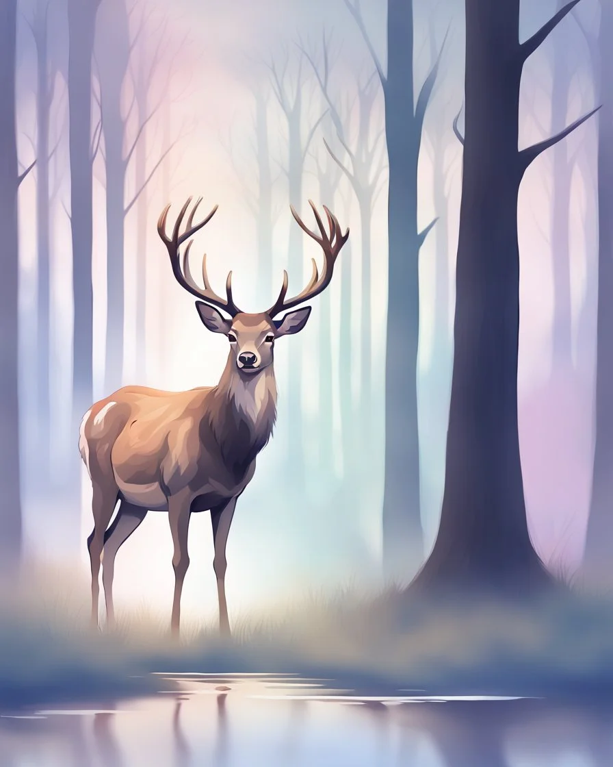 night, deer with antlers standing sideways, looking at viewer, realistic water color painted, among light colored tall simplified tree trunks, foggy, digital painting, Easter Spring pastel colors, colorful, dark background