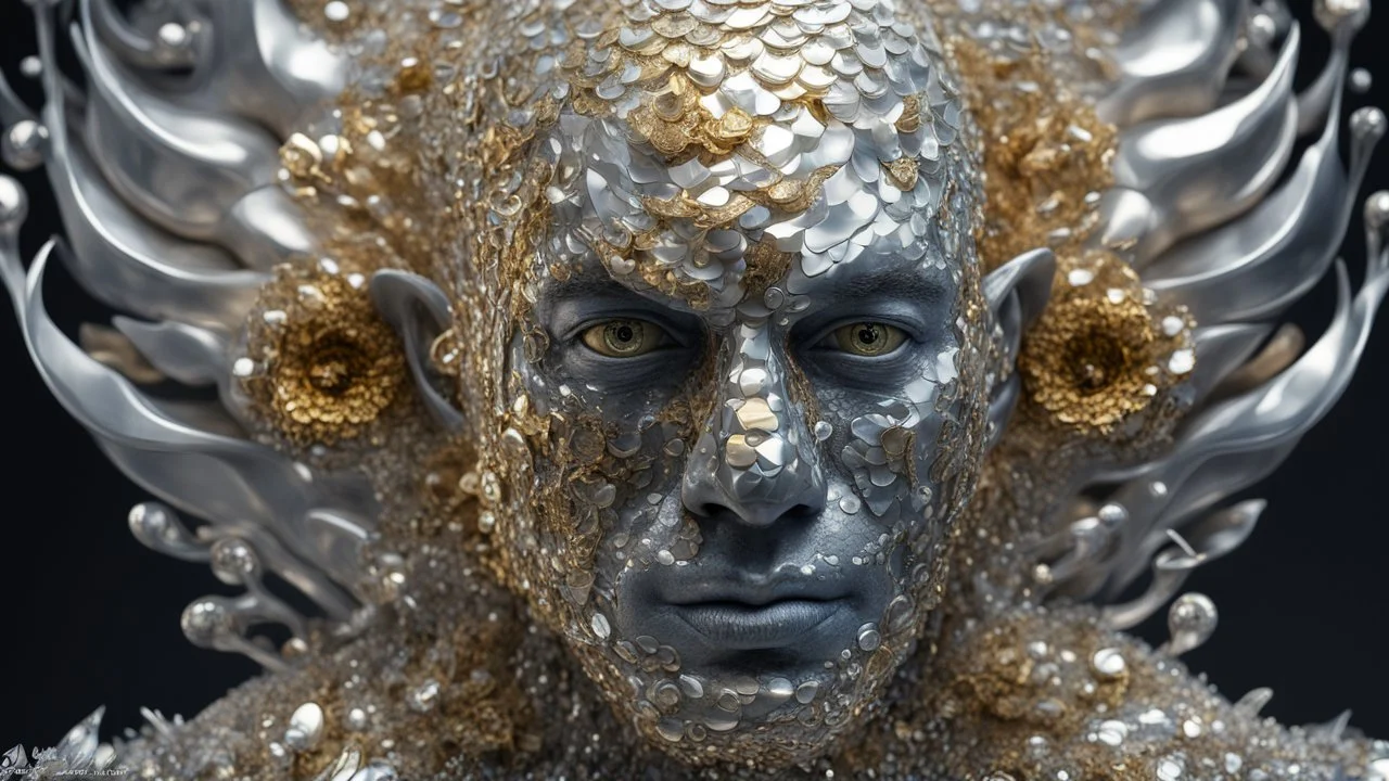 figure of a fish man with fish scale skin, art from Jasper Harvey's "art of control" collection, futuristic optics style, silver and gold, flower, bird, detailed facial features, swirling vortices, 8k 3d, bizarre cyborgs made of crystals, high detail, high resolution, 8K