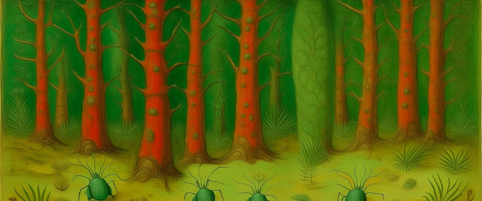 A mint colored woods with bugs designed in Mexican folk art painted by Albert Pinkham Ryder