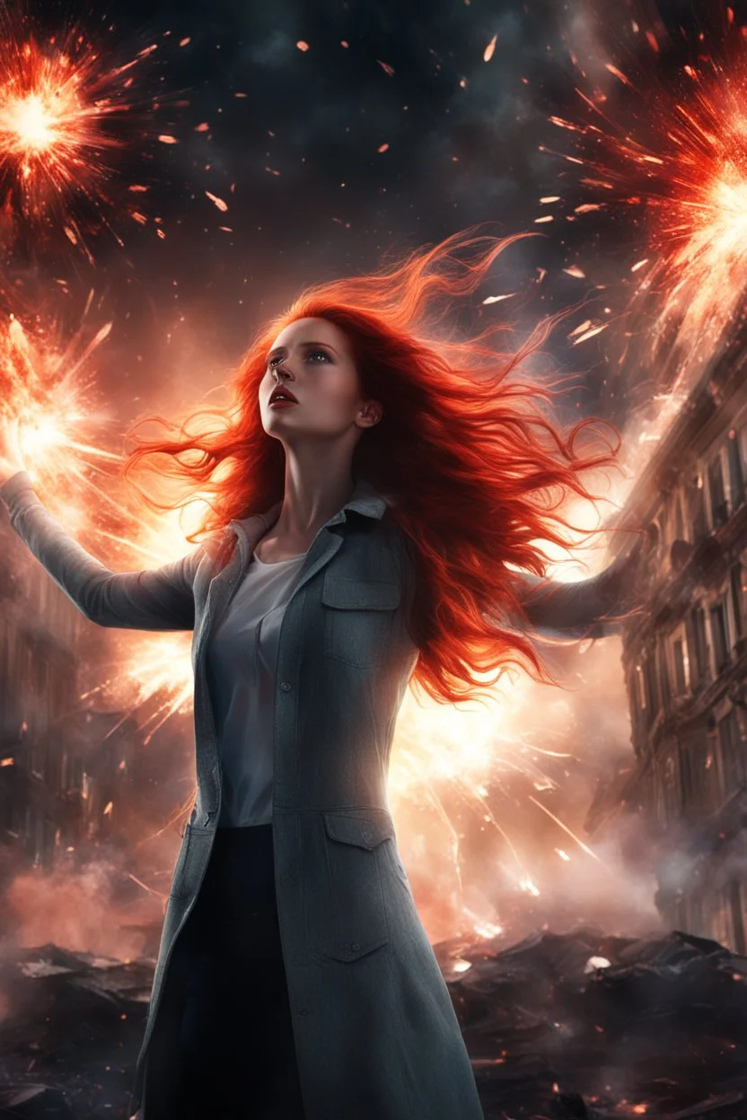 Photorealistic young long red-haired woman standing, with arms raised, looking at an exploding building at night, with red auras around her