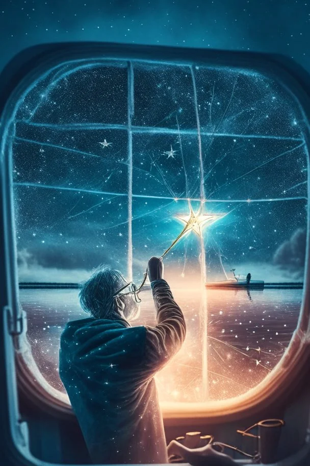 doctor cutting glasses off patient , with background star field seen in the window of a boat, 4 k, trending art, depth of field