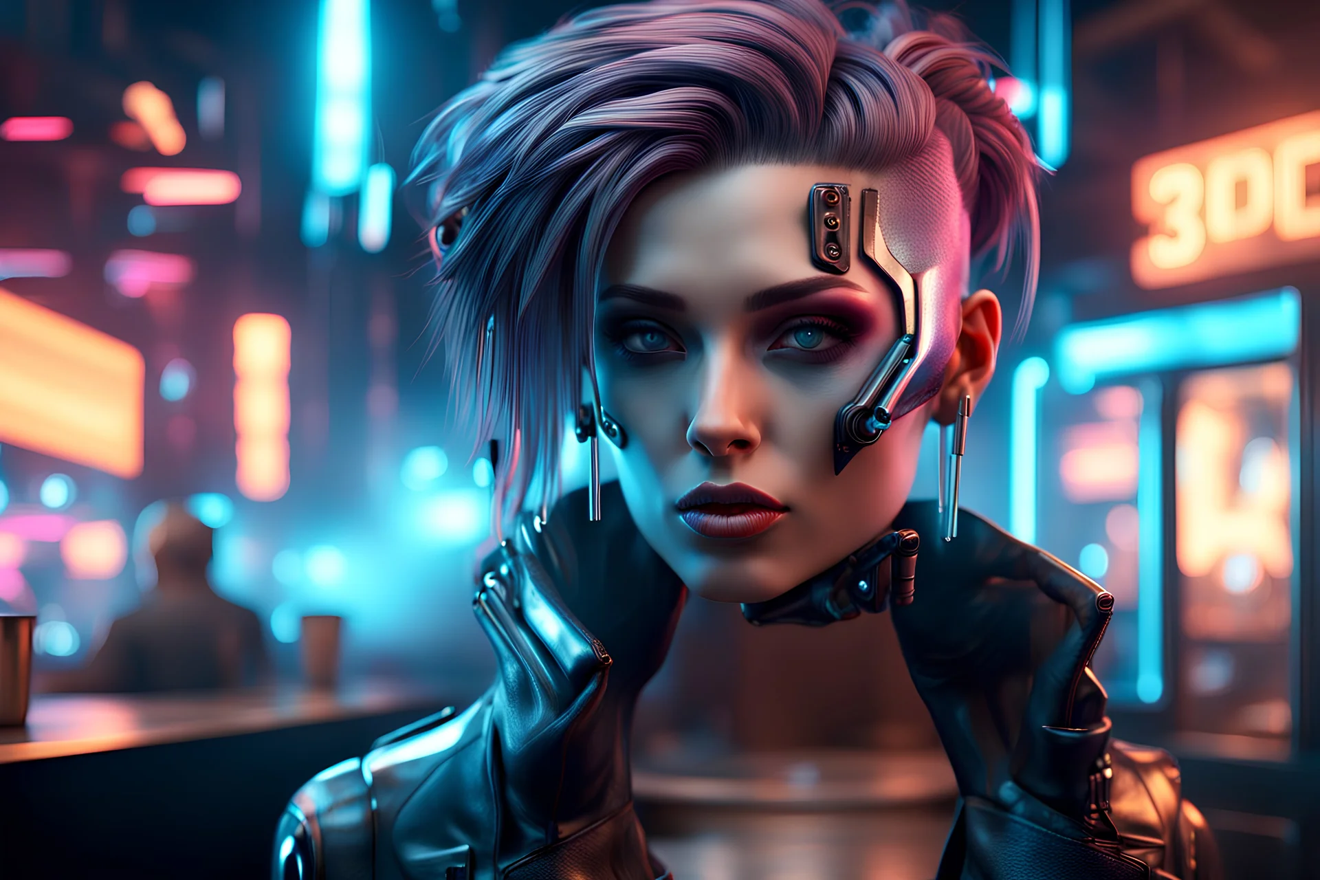 3d rendered realistic scene cyberpunk women face with smoky cafe background