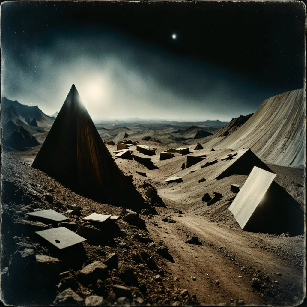 Photorealistic polaroid nothingness and distress, figures, hypnotic, obsessive, wooden void, wasteland night Max Ernst Hieronymus Bosch, volumetric light, shot on Hasselblad, movie shot, details of the terrain accentuated, nightmare, hypermaximalist