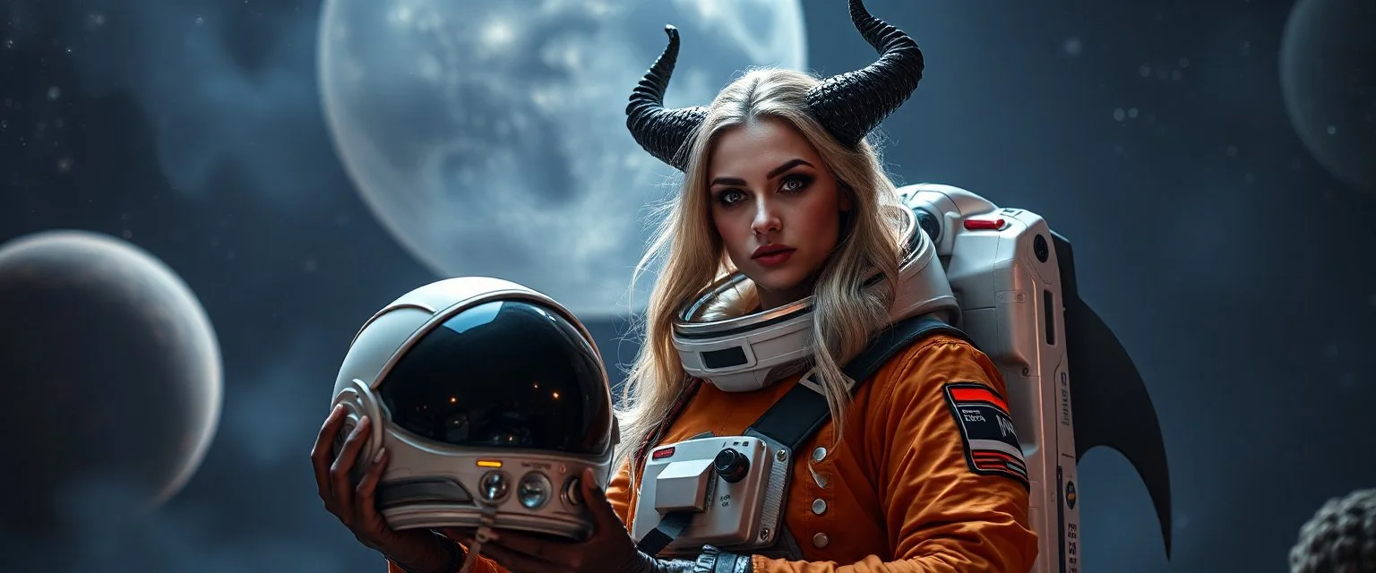 portait of space vampire astronaut, sexy one, holding her helmet in lap, goa trance halloween glam rock soul opera, explorer new frontier, meeting with two new races beyond our star system