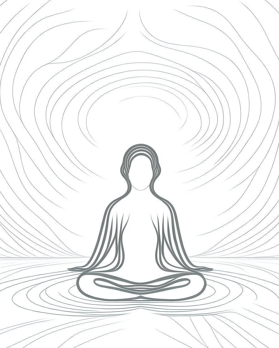 Coloring page: Minimalist line drawing of a meditating figure surrounded by energy waves, cosmic background, , 3:4 aspect ratio, art, minimalism, line drawing, cosmic, narrow depth of field
