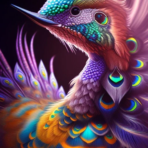 peacock, humming bird, fantasy art, Unreal Engine 5, lens macro,sharp focus, realistic, hyper detailed, studio lighting, neon light ambient, crystalized