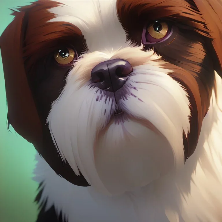 A portrait of only shih tzu white and brown dog by Greg Rutkowski, Sung Choi, Mitchell Mohrhauser, Maciej Kuciara, Johnson Ting, Maxim Verehin, Peter Konig, 8k photorealistic, cinematic lighting, HD, high details, dramatic, atmosphereric, trending on artstation