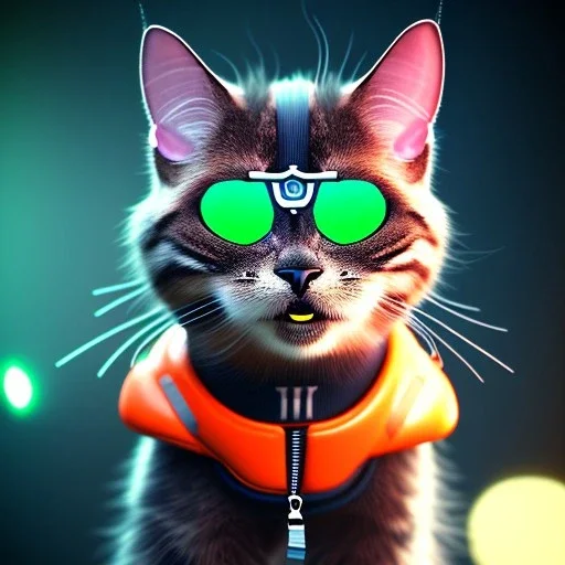 Scottish cat toddler, smile, cyberpunk headphone, sunglass, gangsta neckless, full body, orange puffer jacket, tokio background, dramatic lighting, hyper realistic, unreal engine 5, 16k