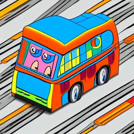 isometric smiling bus with eyes by jim woodring in cartoon style