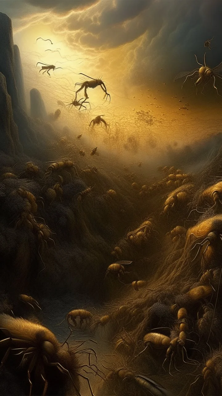 Bosch nightmares paining style Title:a bees colony , 8k artistic photography, photorealistic concept art, soft natural volumetric cinematic perfect light, chiaroscuro, award-winning photograph, masterpiece, oil on canvas, Raphael, Caravaggio’s, Greg Rutkowski, people, beksinski, Giger