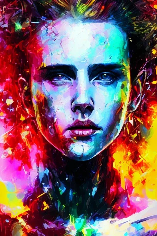 Abstract Yoji Shinkawa, Danish singer MØ face,neon tones,