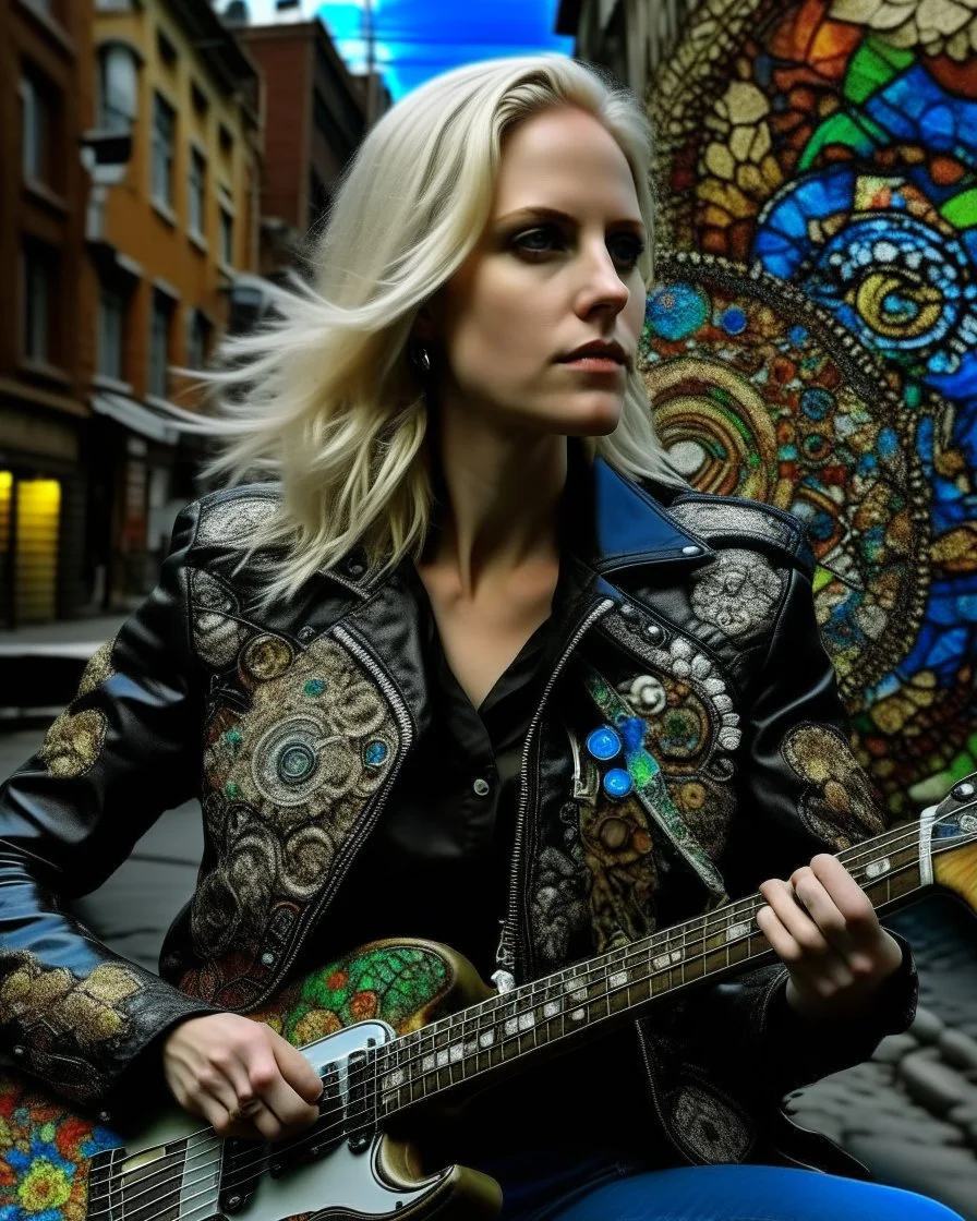 "Midnight Serenade unique" low view angle shot down village road , large close up a beautiful young blonde woman wearing a cool black leather jacket like rocker style and holding a guitar, granite terrazzo motifs with puzzle modern clothing is decorated with colorful filigree abstract, Collage chutes papiers magazines,Spirograph background by Nisa Kiley, Textile Artist