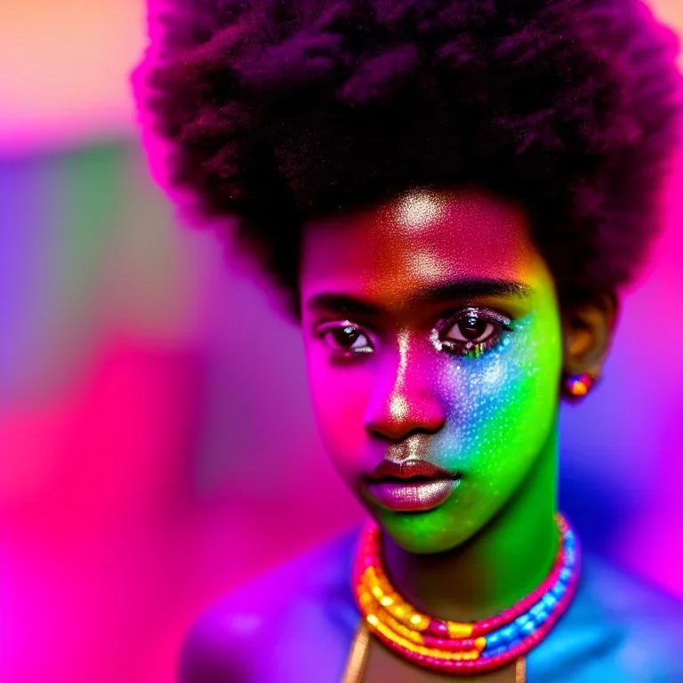 full body shot, masterpiece, best quality, child, boy, dark skinned, sparkling eyes, fluorescent skin, colorful makeup, afro, highly detailed body, sun light, 4K, RAW, depth of field, high contrast, realistic details, 24mm