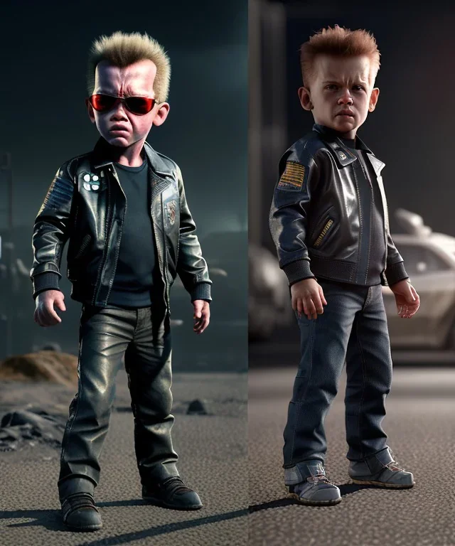 The Terminator toddler, full body, dramatic lighting, angry, hyper realistic