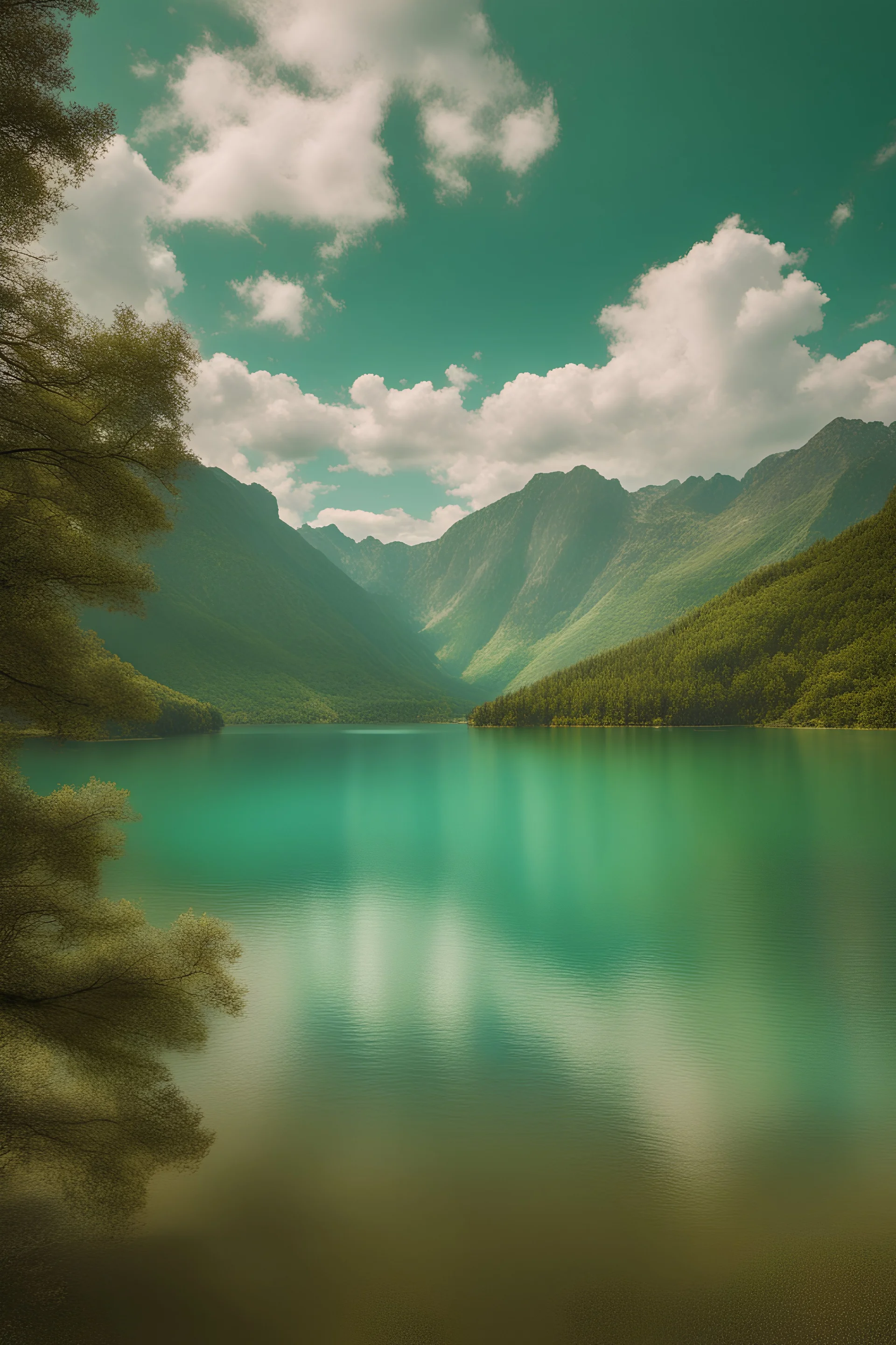 Turquoise clear lake with emerald green mountains on background, white clouds, dreamy, photographic panorama, rich in detail, brilliant colors, high resolution, 4k