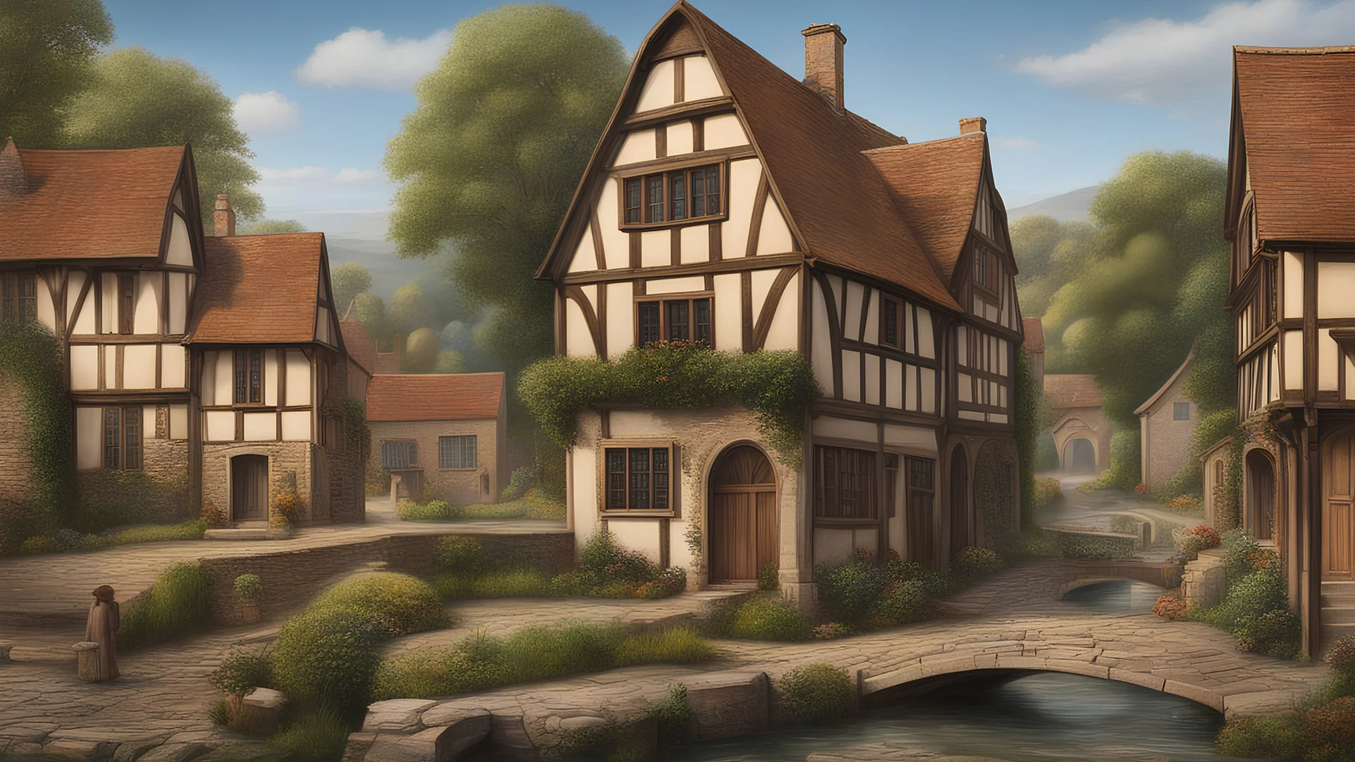 An ancient european village, in the style of Edward Burne-Jones