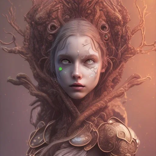 karlan, rusty metal, anime, Dryad, fae, sidhe, ominous, nature, plants, wildflower, facepaint, dnd character portrait, intricate, oil on canvas, masterpiece, expert, insanely detailed, 4k resolution, retroanime style, cute big circular reflective eyes, cinematic smooth, intricate detail , soft smooth lighting, soft pastel colors, painted Rena