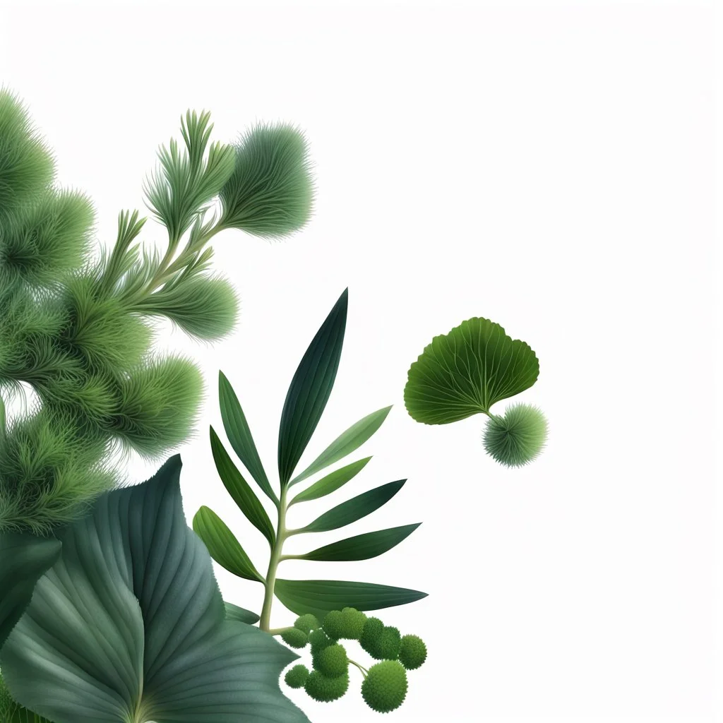 photorealistic abstract herbs, leaves of pinus sibirica gum and brassica napus on a white background