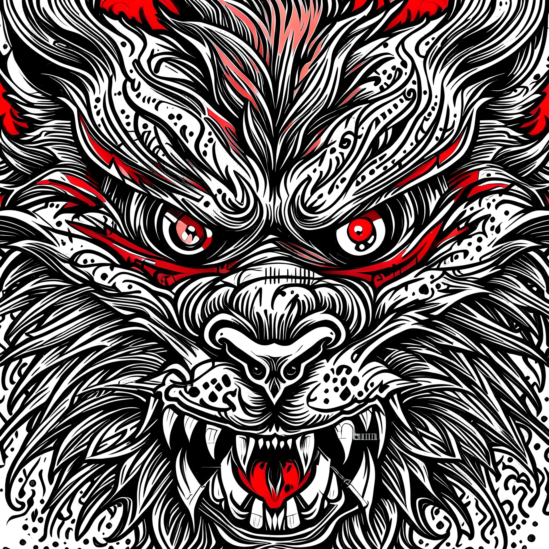 Closeup illustration of just the angry red eyes of a beast, tattoo design, black ink, cartoonist,