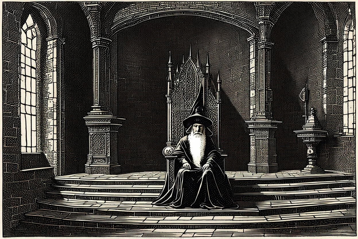 Interior of castle, wizard sits on throne