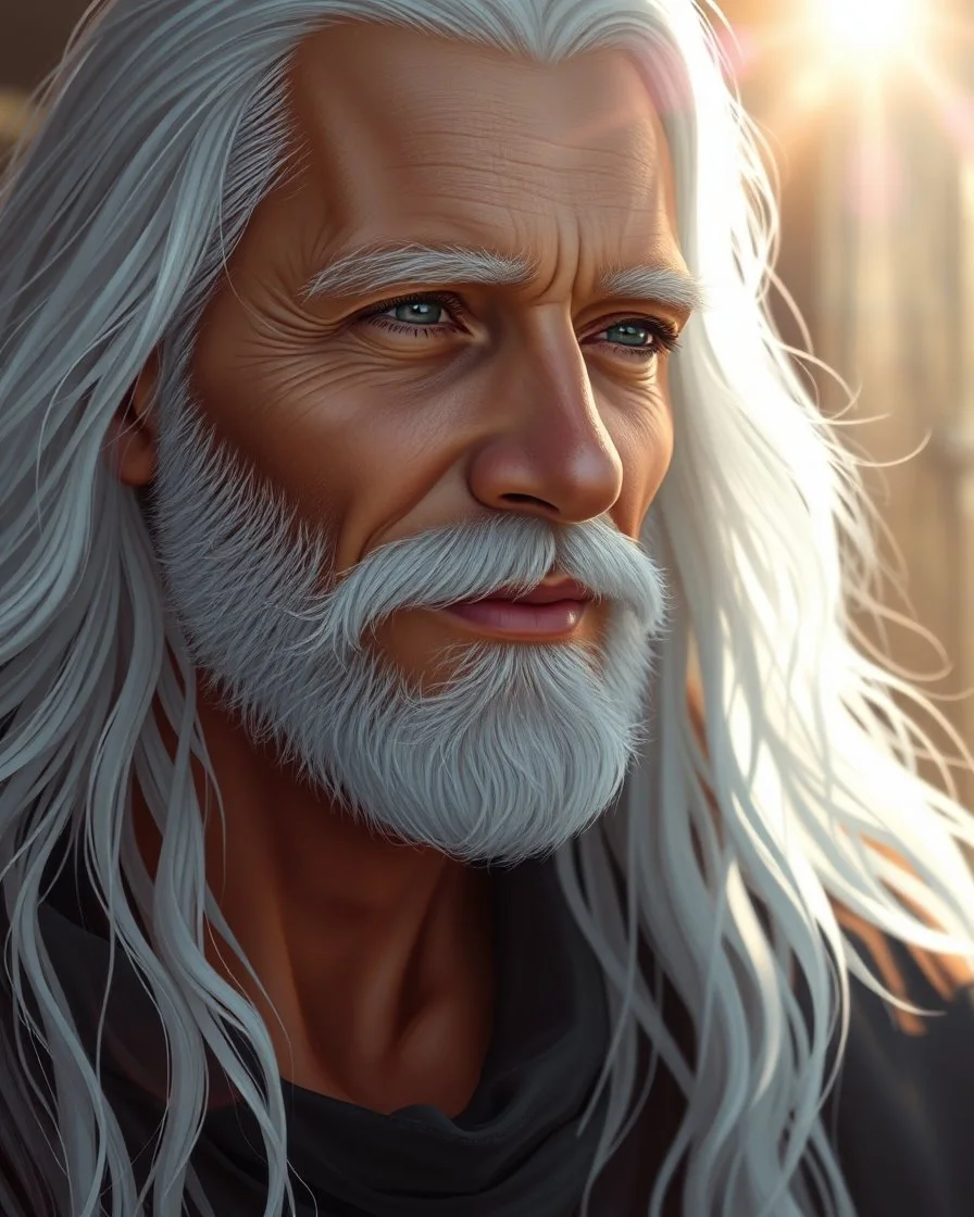 Close up Digital art, Loish style, Michael Parkes style, Oil illustrated, a handsome guy with very long white hair and beautiful gray eyes , white beard , a peaceful smile. Androgyne. Sun glare. Fluorescence. Cozy atmosphere. Luis Royo style