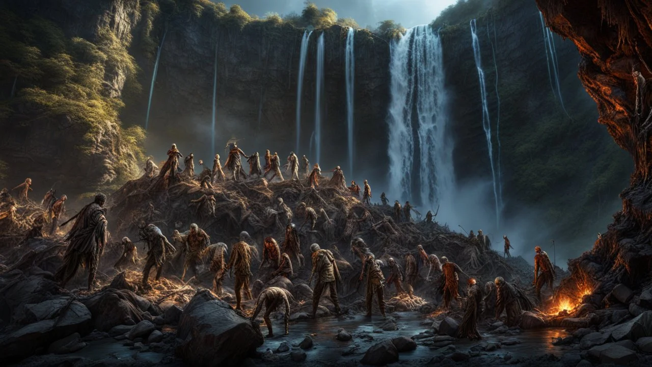 a pile of rotting zombies at the foot of a 3.000 feet high waterfall. fantasy setting, horror. exquisite realism, a masterpiece, fantasy concept art, dynamic lighting, hyperdetailed, intricately detailed, deep color, Unreal Engine, volumetric lighting, Epic cinematic brilliant stunning intricate meticulously detailed dramatic atmospheric maximalist digital matte painting