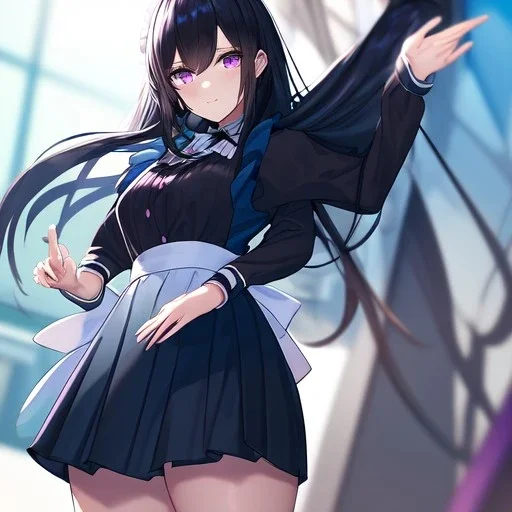 Clear focus,High resolution, Black long hair, Purple eyes, Wearing a maid outfit with a short skirt, blurry background, a seductive look on her face, seductive smile