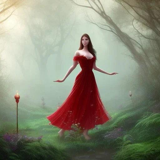 Girl with angelical face, black hair wearing long red dress in a magic forest, fantasy style, surrealism, 8k