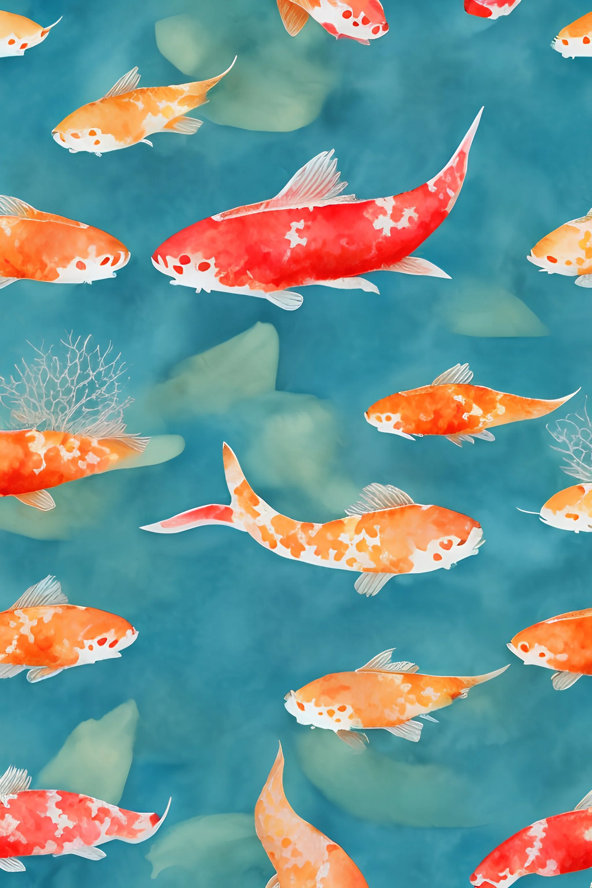 watercolour design with beautiful koi fish swimming with flowing fins and tails with seaweed, red coral pattern