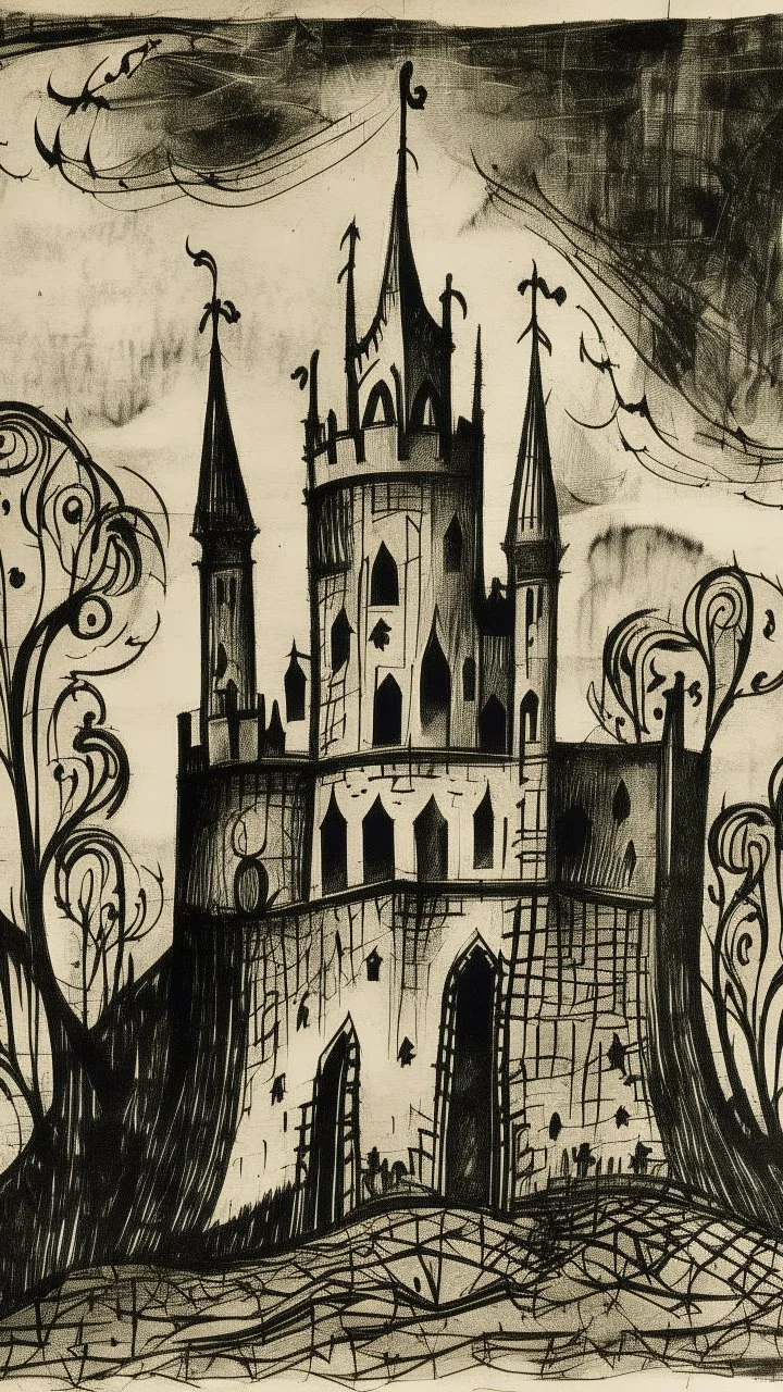 A black ink castle with spades painted by Pablo Picasso