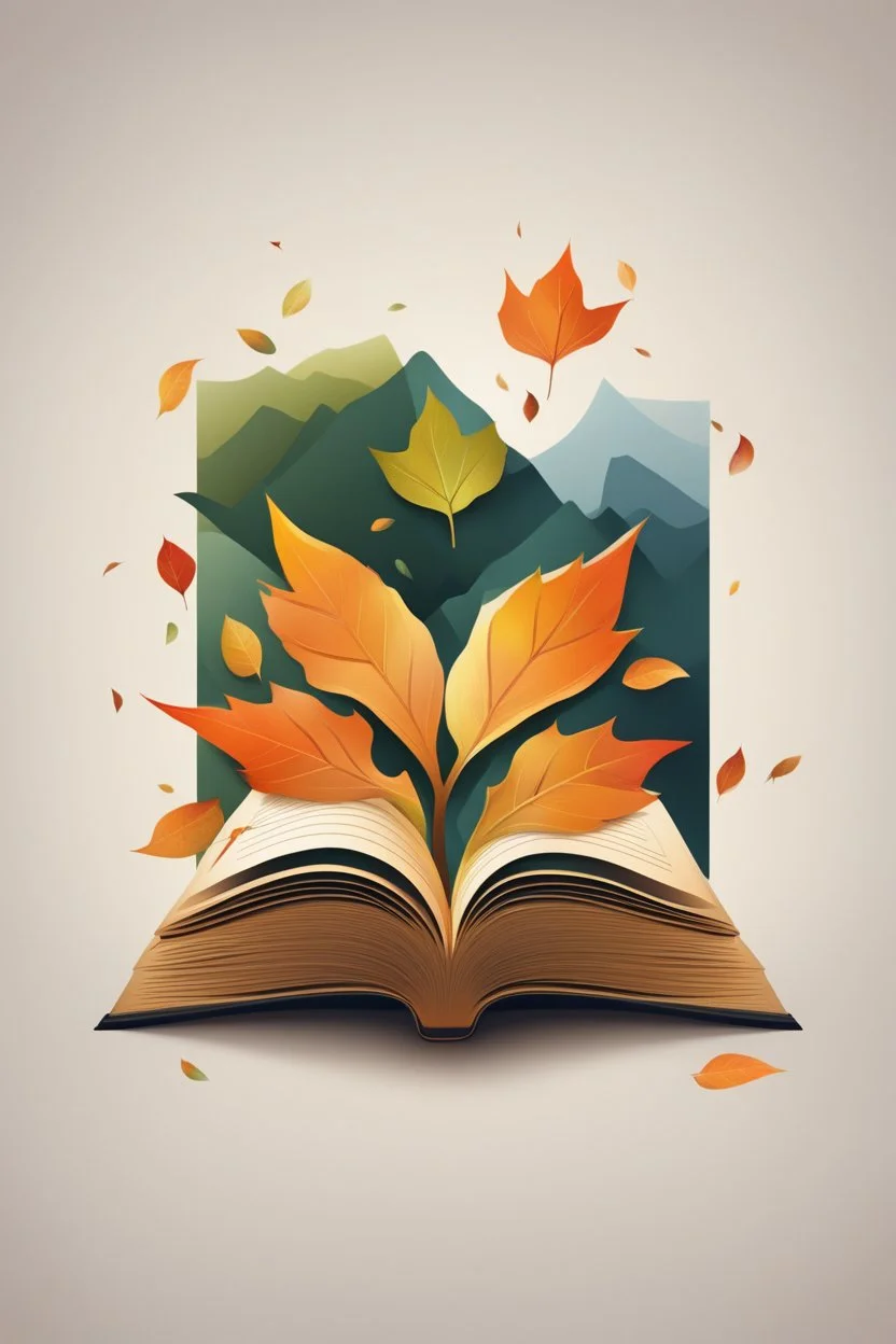 square logo , landscape with leaf fall, flying leaves in the book