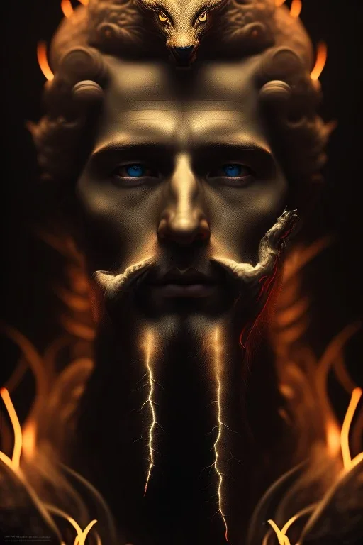 portrait photography of an ethereal beautiful animal god, Fire theme art, Dark moody night atmosphere, Portrait of a man by Michelangelo, 8K, close-up face, anatomically perfect face, oak tree roots, ignore NSFW