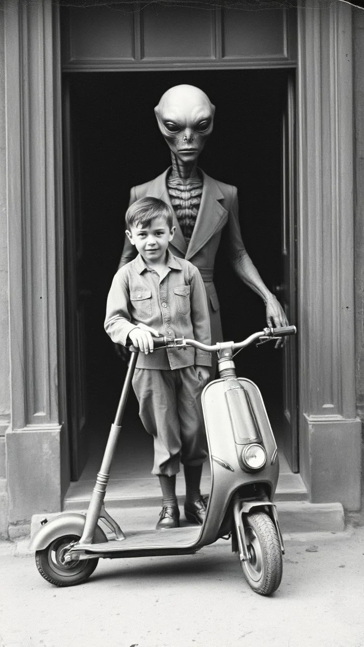 An old picture style of black and white mono very bad quality looks very old camera picture with cracks of boy with a scooter standing beside an Alien creature that is dressed like a man , year 1900