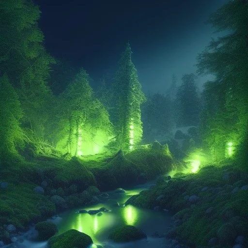 a dense florest at night, green, river, stones, raining, high detailed