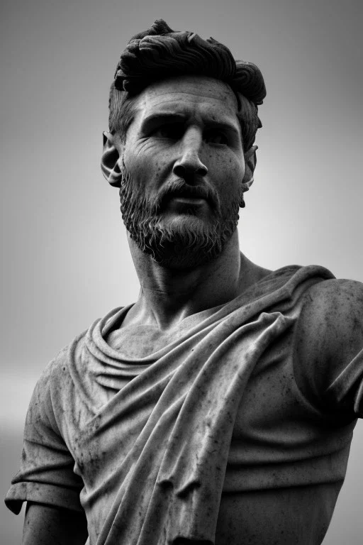 Ultra Realistic image, roman sculpture, Calacatta marble material, Lionel Messi, gold Laurel wreath, Renaissance style, miguel angel David style, chisel style, emperor, waist up portrait, epic, celestial, cinematic lighting, God light, god rays, 4k resolution, smooth details, ornate details, vibrant color, god lighting, unreal engine 5, blue background.