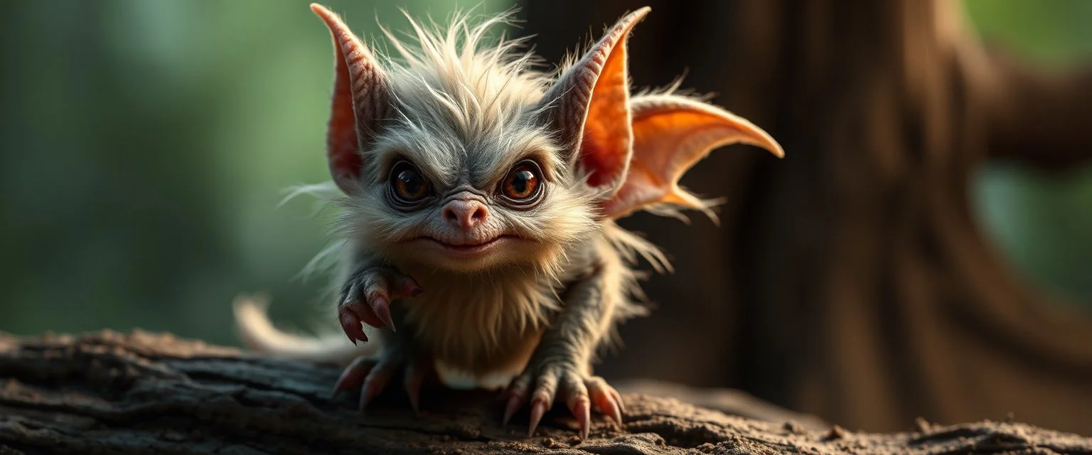 a fluffy kobold gremlin that looks like the opposite of a vampire