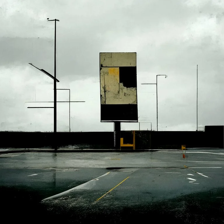 Minimal contemporary abstract oil paintings of desolate 1960s carpark with road markings and concrete fragments. Overlay with grungy typography graphics. style of Justin Mortimer and Francis Bacon.