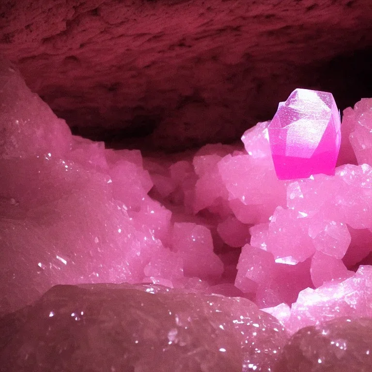 single pink crystal, in a foggy cave